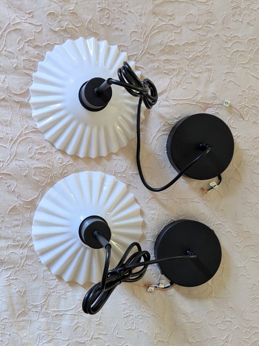 2x Vintage French Milk Glass Opaline Pendant Lights